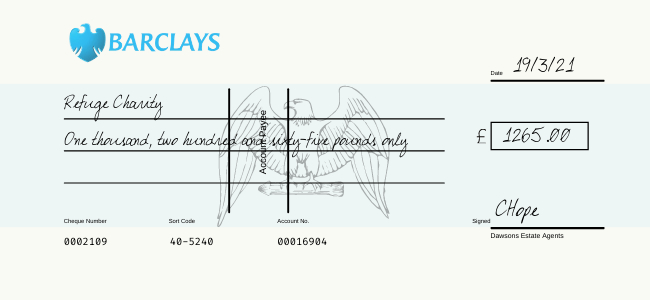 DAWSONS CHEQUE TO REFUGE